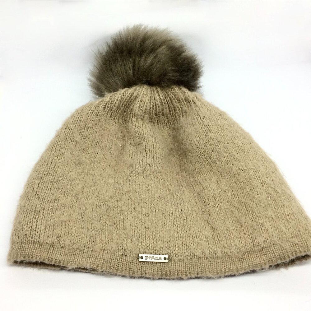 PRANA TAUPE POM POM BEANIE Fuzzy Knit Winter Hat Brown Warm Soft
